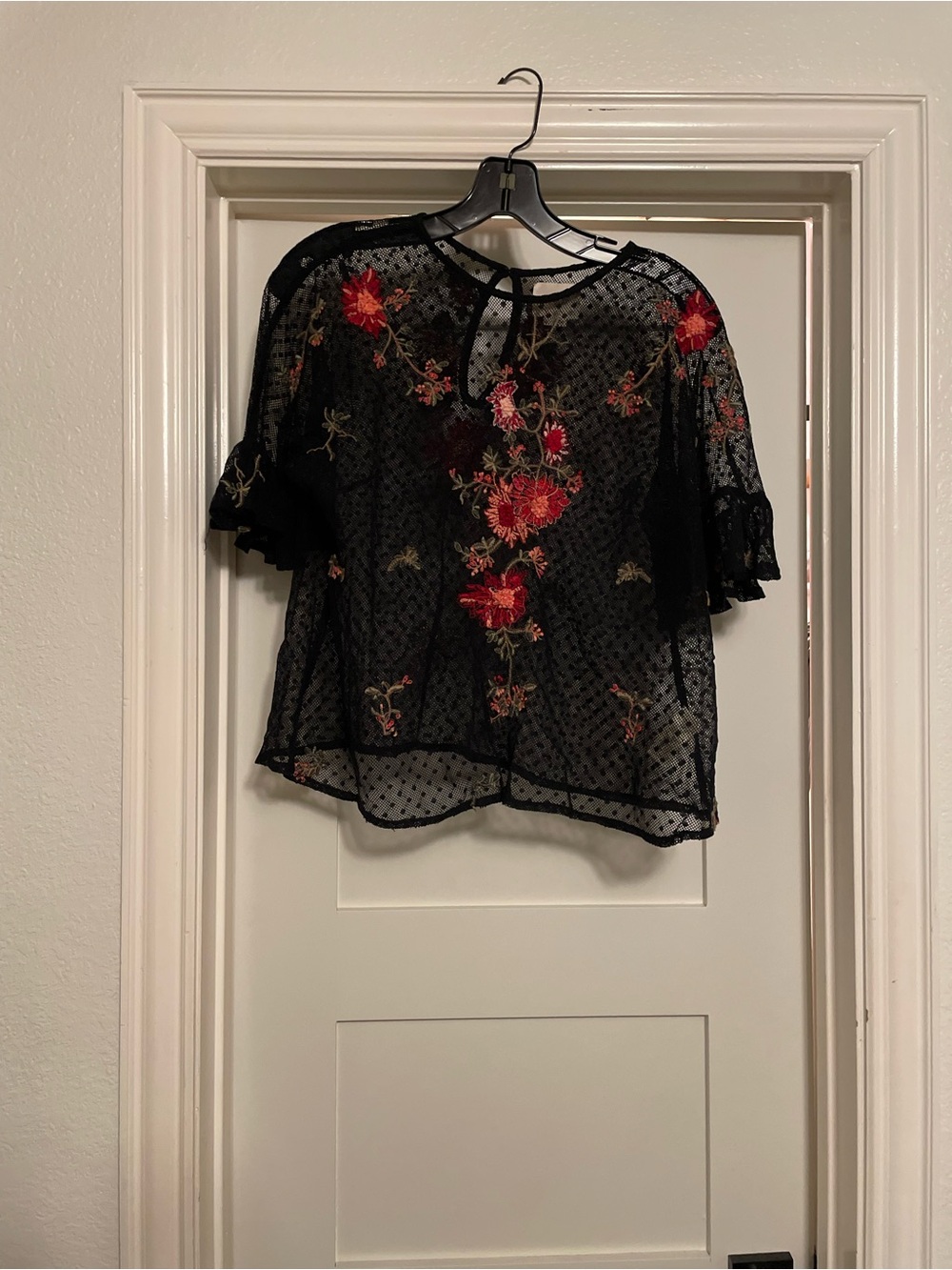 Maeve Black Sheer Blouse with Red Floral Embroidery